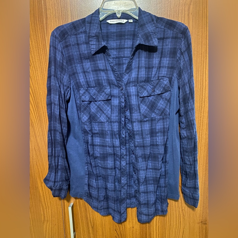 Emily Daniels women's blue plaid button-down western farm cotton blend shirt M